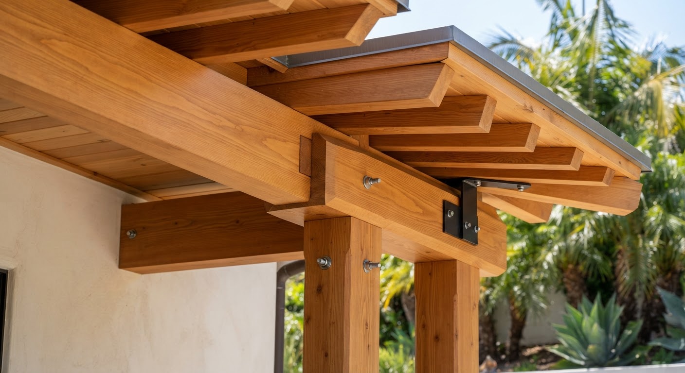 Detailed inspection of exterior wooden patio beams and pergola posts