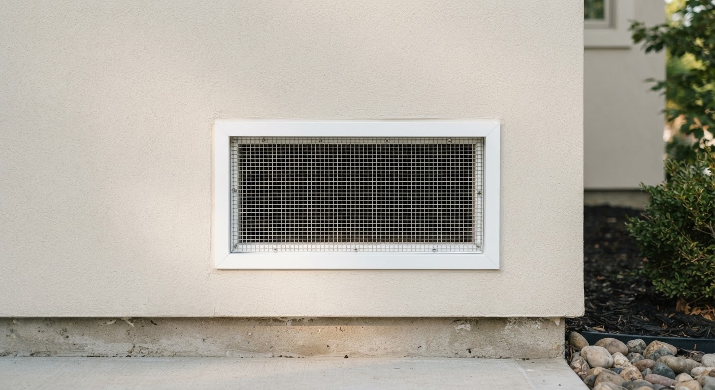 Discreet steel mesh rodent exclusion installed cleanly along an architectural soffit vent