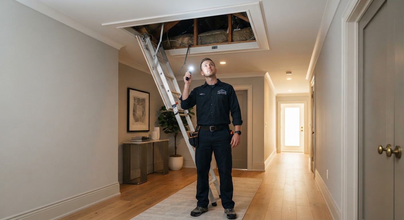 Well-organized service technician checking an attic access ladder and crawlspace entrance