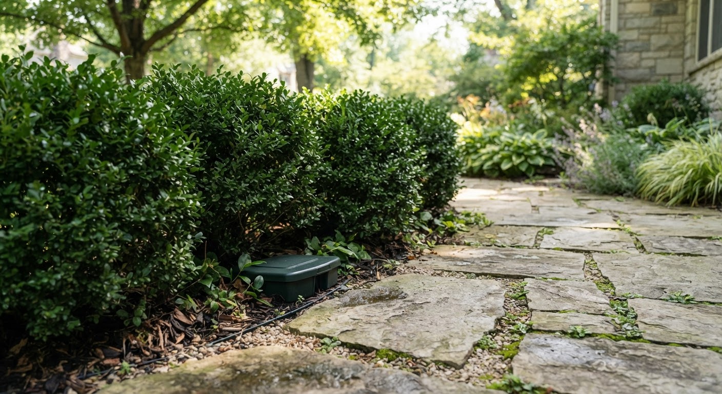 Discreet tamper-resistant perimeter monitoring station tucked under decorative garden foliage