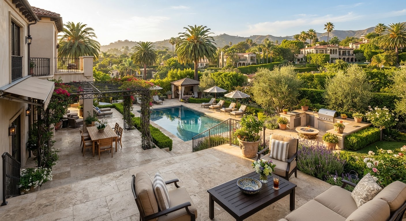 Expansive rear patio and pool deck of a Beverly Hills residence surrounded by lush landscaping
