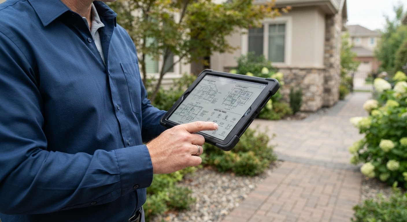 Close-up of clean service gloves and clipboard reviewing property layout notes